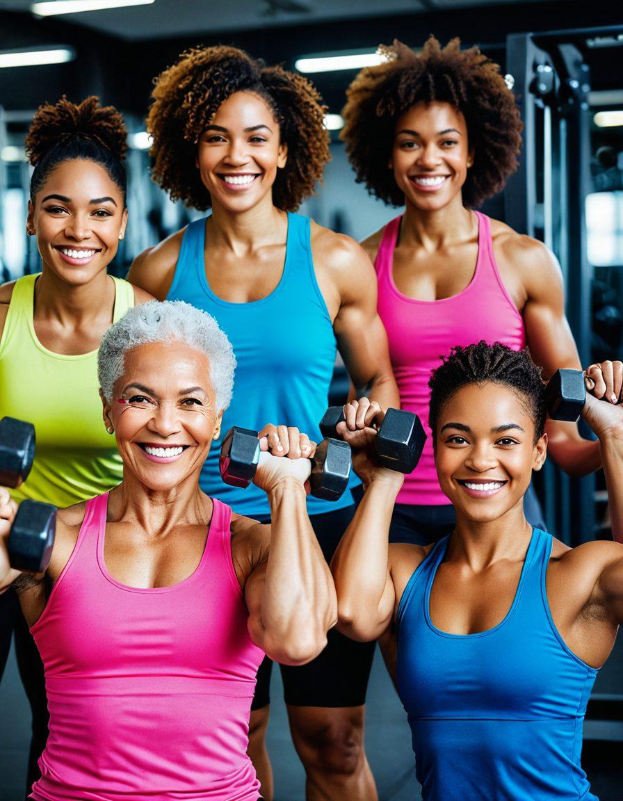A group of diverse, strong women of different ages and backgrounds lifting weights in a bright, modern gym. They are smiling and supporting each other, showcasing empowerment and unity. The background includes motivational posters and gym equipment. Bold colors highlight the strength and vibrancy of the women. super-realistic. vibrant colors. energetic atmosphere.