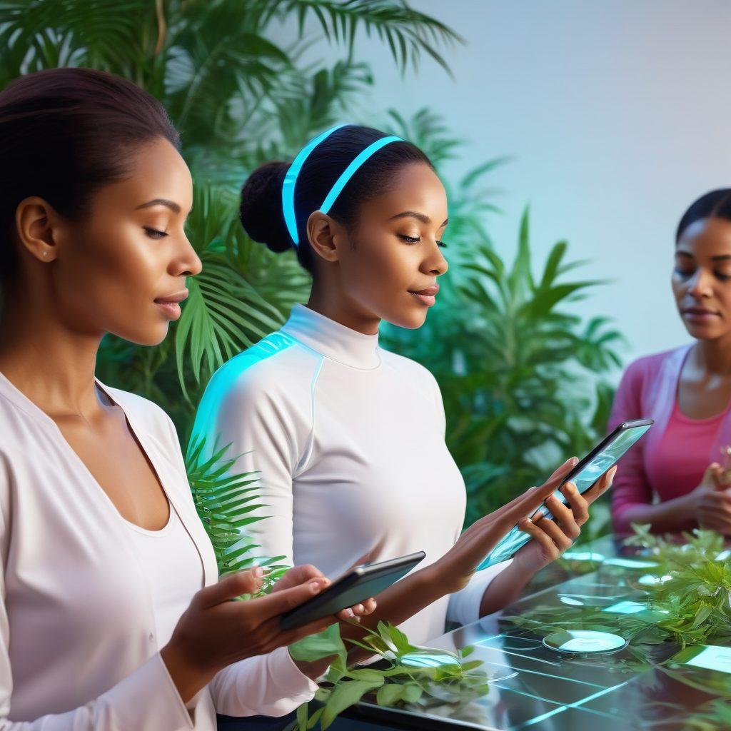 A diverse group of confident women of various ages and ethnicities, engaging with futuristic holographic digital health platforms on their tablets and smartphones. Each woman shows vibrant expressions of empowerment and wellness in a harmonious, nature-inspired setting with lush greenery. The digital interfaces display health metrics, fitness data, meditation guides, and virtual support groups. super-realistic. vibrant colors. white background.
