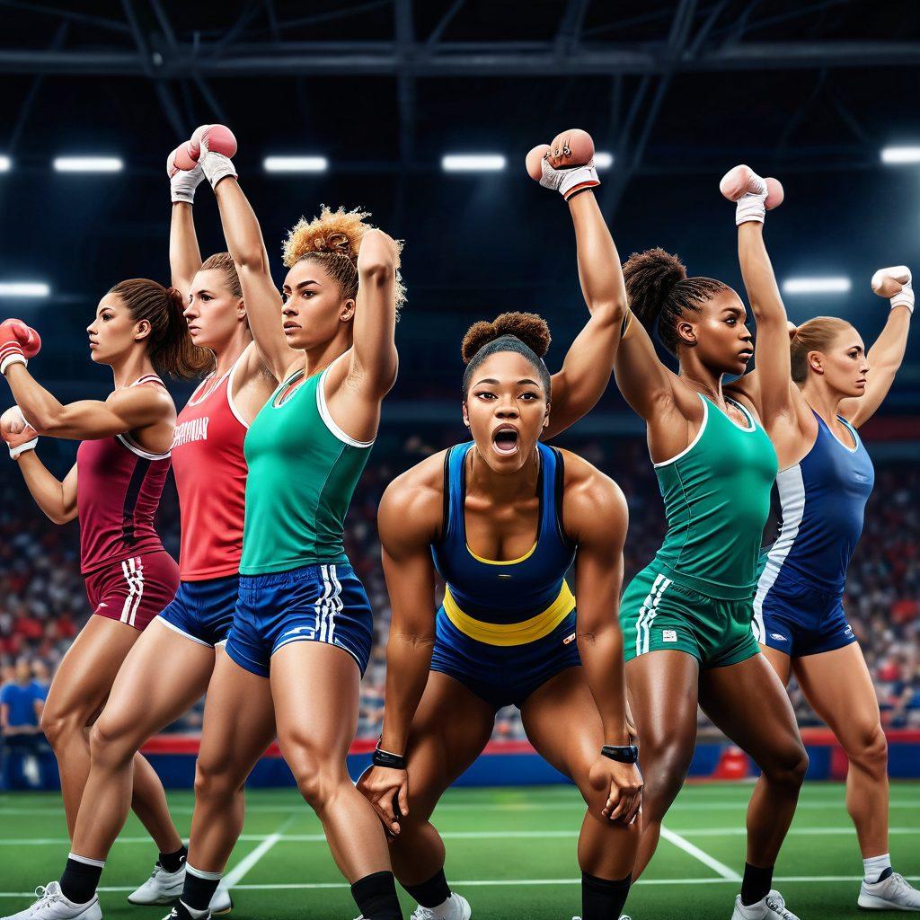 A dynamic scene of powerful, confident female athletes from various sports, displaying their strength and determination. Include a diverse group of women in action, showcasing sports like weightlifting, boxing, and soccer. Background elements include vibrant stadiums and cheering crowds. Emphasize muscle definition, intense focus, and unity. super-realistic. vibrant colors.